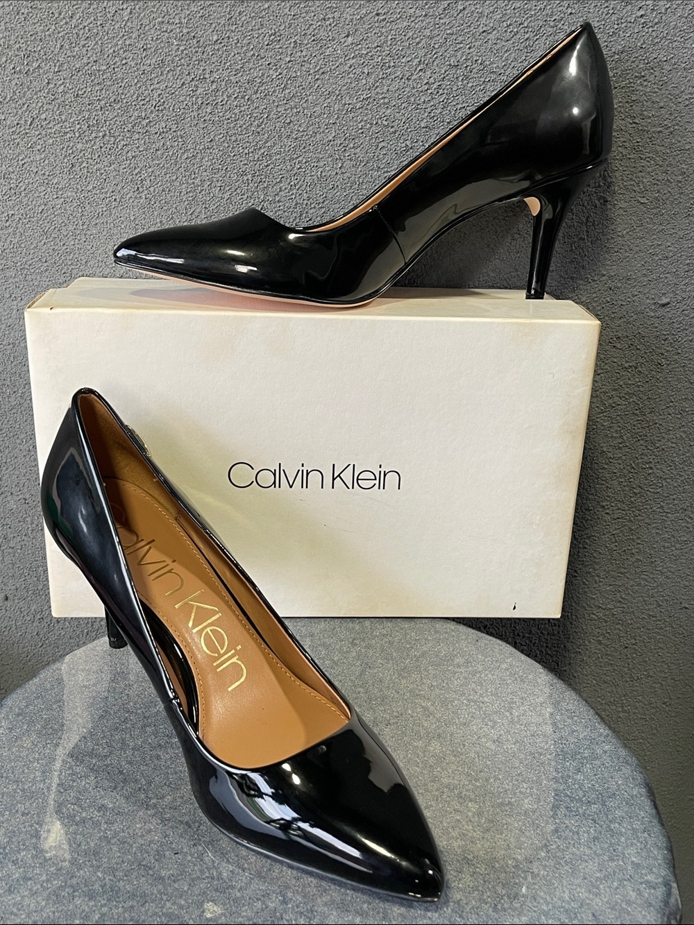 Calvin Klein Black Patent Pointed Toe Stiletto Pumps
